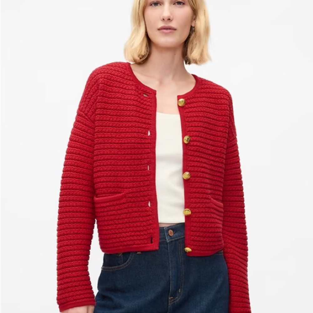 GAP Red and Gold Cardigan Sweater with Textured Knit